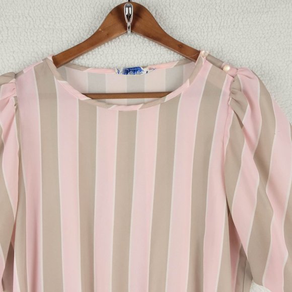 Vintage Summer Dress Womens Large Pink Beige Striped Sheer Midi Belted 70s - Picture 2 of 13